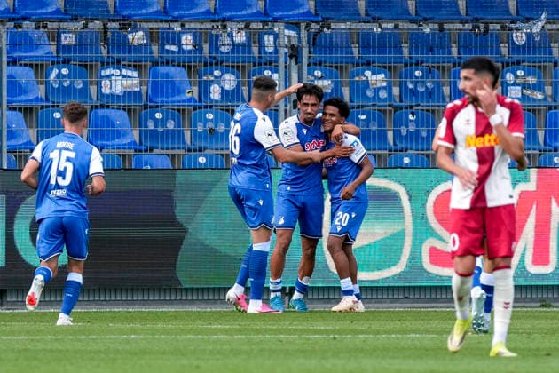 From left: Matthew Moore (TSG II), 15; Jakov Dedic (TSG II), 36; Yasin Zor (TSG II), 10; Goal scorer Tiago Poller TSG II, 20, player for TSG 1899 Hoffenheim II U23, celebrating the 2-0 goal, Celebration, Goal Celebration, Goal Scored, celebrate the goal, goal, celebration, celebrating the goal, joy, happiness, happy, optimistic, positive, game scene, highlight, action, 08 29 2026, Sinsheim, Germany, soccer, 3rd Division, TSG 1899 Hoffenheim II vs. SSV Jahn Regensburg, DFB and DFL regulations prohibit any use of photographs as image sequences and or quasi-video xozx