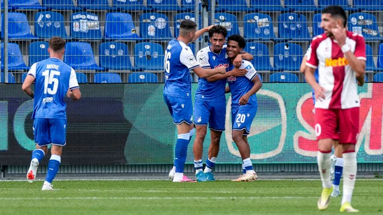 From left: Matthew Moore (TSG II), 15; Jakov Dedic (TSG II), 36; Yasin Zor (TSG II), 10; Goal scorer Tiago Poller TSG II, 20, player for TSG 1899 Hoffenheim II U23, celebrating the 2-0 goal, Celebration, Goal Celebration, Goal Scored, celebrate the goal, goal, celebration, celebrating the goal, joy, happiness, happy, optimistic, positive, game scene, highlight, action, 08 29 2026, Sinsheim, Germany, soccer, 3rd Division, TSG 1899 Hoffenheim II vs. SSV Jahn Regensburg, DFB and DFL regulations prohibit any use of photographs as image sequences and or quasi-video xozx