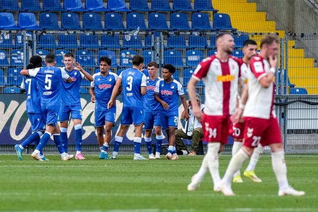 Players from TSG 1899 Hoffenheim II U23 celebrate the 2-0 goal, Celebration, Goal celebration, Goal scored, Celebrate the goal, Goal, Celebration, Celebrating the goal, Rejoicing, Joy, Happy, Optimistic, Positive, Game scene, Highlight, Action, 08 29 2026, Sinsheim, Germany, soccer, 3. Liga, TSG 1899 Hoffenheim II vs. SSV Jahn Regensburg, DFB and DFL regulations prohibit any use of photographs as image sequences and or quasi-video xozx
