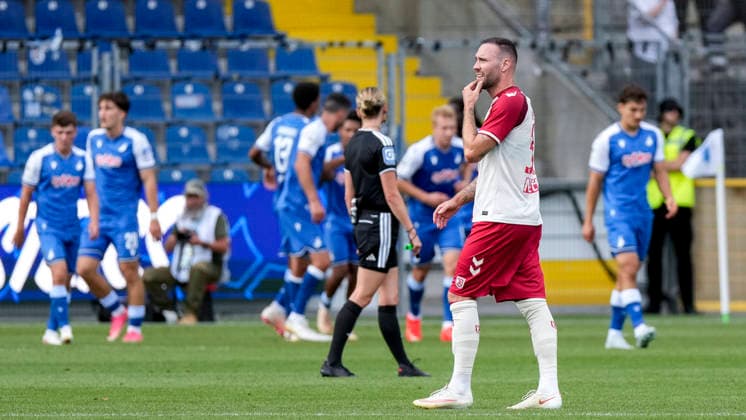 Patrick Hobsch, Regensburg, 34, player for SSV Jahn Regensburg, looking disappointed, disappointment, frustration, pessimistic, after conceding the goal that made the score 2–0, action, game scene, August 29, 2026, Sinsheim, Germany, soccer, 3rd Division, TSG 1899 Hoffenheim II vs. SSV Jahn Regensburg, DFB and DFL regulations prohibit any use of photographs as image sequences and or quasi-video xozx