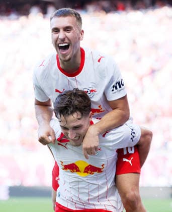 RB Leipzig vs. Borussia Mönchengladbach, Bundesliga, Leipzig, August 29, 2026, Red Bull Arena, Soccer, Bundesliga 1, Matchday 1, RB Leipzig vs. Borussia Mönchengladbach, Pictured: Goal for RB Leipzig by Rocco Reitz (20); RB Leipzig scores to make it 3–0 and celebrates with Brajan Gruda (10), RB Leipzig; For editorial use only; DFL and DFB regulations prohibit any use of photographs as image sequences and or quasi-video,