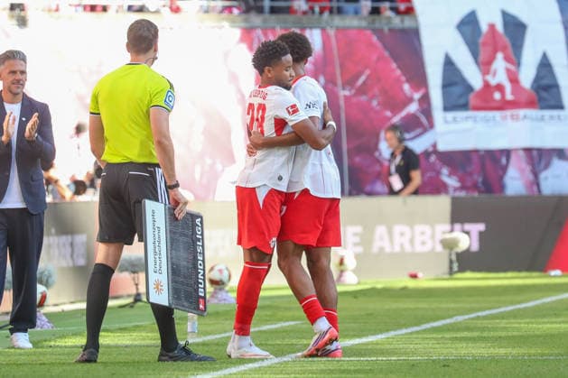 August 29, 2026, xgox, Soccer, Bundesliga 1, RB Leipzig vs. Borussia Mönchengladbach (emspor), v l Christopher Nkunku (Leipzig), 28 comes on as a substitute. DFL and DFB regulations prohibit any use of photographs as image sequences and or quasi-video (Leipzig)