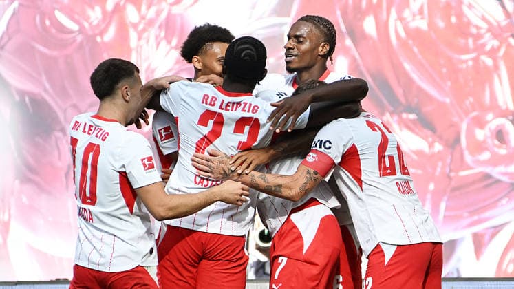 German Bundesliga, 2026–2027 Season, Matchday 1, RB Leipzig vs. VfL 1900 Borussia Mönchengladbach, August 29, 2026. Goal for RB Leipzig by Antonio Nusa, left winger for RB Leipzig, No. 7 on the left during the Bundesliga match between Leipzig and Mönchengladbach on August 29, 2026. Goal scorer Nusa scores the 2–0 goal and celebrates with Tidiam Gomis, left winger for RB Leipzig, No. 27, Ezechiel Banzuzi, central midfielder for RB Leipzig, jersey number 6, Brajan Gruda, attacking midfielder for RB Leipzig, jersey number 10, David Raum, left defender for RB Leipzig, jersey number 22, Leipzig, Saxony, Germany, Red Bull Arena