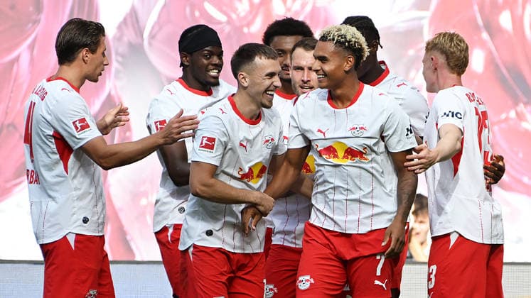 German Bundesliga, 2026–2027 Season, Matchday 1, RB Leipzig vs. VfL 1900 Borussia Mönchengladbach, August 29, 2026. Goal for RB Leipzig by Antonio Nusa, left winger for RB Leipzig, No. 7, center, during the Bundesliga match between Leipzig and Mönchengladbach on August 29, 2026. Goal scorer Nusa scores the 2–0 goal and celebrates with Tidiam Gomis, left winger for RB Leipzig, No. 27, Ezechiel Banzuzi, central midfielder for RB Leipzig, No. 6; Brajan Gruda, attacking midfielder for RB Leipzig, No. 10; David Raum, left back for RB Leipzig, No. 22; Leipzig, Saxony, Germany; Red Bull Arena