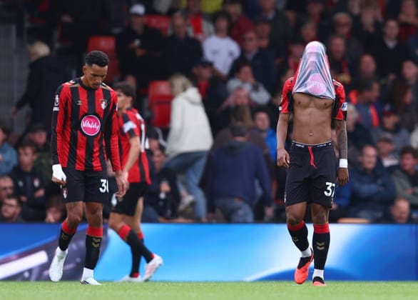 Bournemouth, England, 29th August 2026. Rayan of AFC Bournemouth reacts after James Tarkowski of Everton scores to make it 1-1 during the AFC Bournemouth vs Everton Premier League match at the Vitality Stadium, Bournemouth. Picture credit should read: Paul Terry Sportimage EDITORIAL USE ONLY. No use with unauthorised audio, video, data, fixture lists, club league logos or live services. Online in-match use limited to 120 images, no video emulation. No use in betting, games or single club league player publications. SPI_047_PT_Bournemouth_Everton SPI-4940-0047