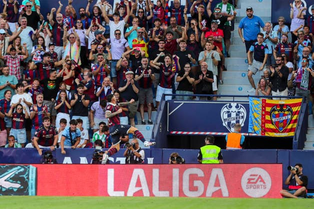 August 29, 2026, Valencia, Valencia, SPAIN: Adrian Dela of Levante UD celebrates a goal during the Spanish league, LaLiga EA Sports, football match played between Levante UD and Real Betis Balompie at Ciutat de Valencia stadium on August 29, 2026, in Valencia, Spain. Valencia SPAIN - ZUMAa181 20260829_zaa_a181_046 Copyright: xIvanxTerronx