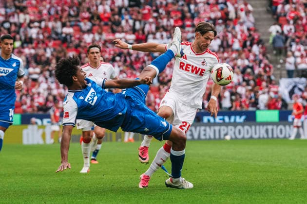 29.08.2026, xjmrgnx, Fussball 1.Bundesliga, 1.FC Koeln - TSG Hoffenheim v.l. Zweikampf zwischen Bernardo (13, Hoffenheim) und Jan Thielmann (29, Koeln) (DFL DFB REGULATIONS PROHIBIT ANY USE OF PHOTOGRAPHS as IMAGE SEQUENCES and or QUASI-VIDEO) Koeln *** August 29, 2026, xjmrgnx, Soccer, Bundesliga 1, 1 FC Cologne vs. TSG Hoffenheim: A tackle between Bernardo (13, Hoffenheim) and Jan Thielmann (29, Cologne). DFL and DFB regulations prohibit any use of photographs as image sequences and or quasi-video. Cologne