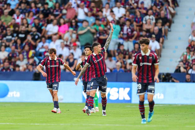 August 29, 2026, Valencia, Valencia, SPAIN: Adrian Dela of Levante UD celebrates a goal during the Spanish league, LaLiga EA Sports, football match played between Levante UD and Real Betis Balompie at Ciutat de Valencia stadium on August 29, 2026, in Valencia, Spain. Valencia SPAIN - ZUMAa181 20260829_zaa_a181_064 Copyright: xIvanxTerronx