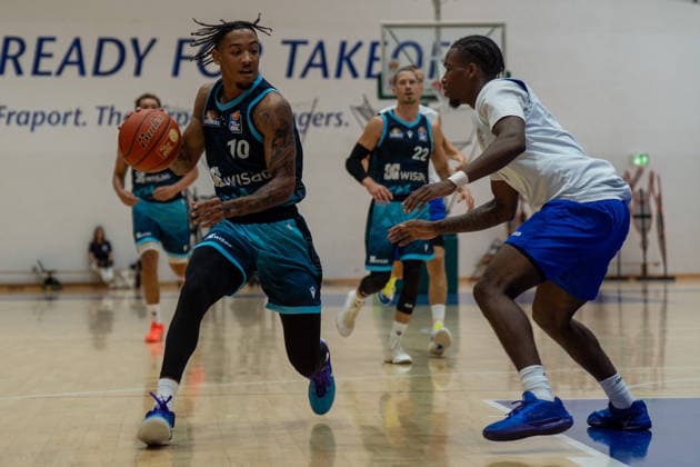 August 29, 2026, xhfmx, Basketball Exhibition Game, Frankfurt Skyliners vs. MLP Academics Heidelberg; Judah Mintz of the Frankfurt Skyliners goes head-to-head with an opponent in Frankfurt