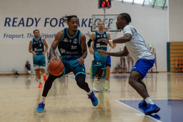 August 29, 2026, xhfmx, Basketball Exhibition Game, Frankfurt Skyliners vs. MLP Academics Heidelberg; Judah Mintz of the Frankfurt Skyliners goes head-to-head with an opponent in Frankfurt