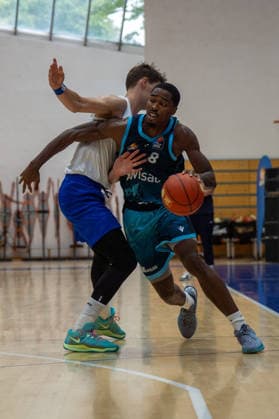 August 29, 2026, xhfmx, Basketball Exhibition Game, Frankfurt Skyliners vs. MLP Academics Heidelberg, William Christmas of the Frankfurt Skyliners goes head-to-head with an opponent in Frankfurt