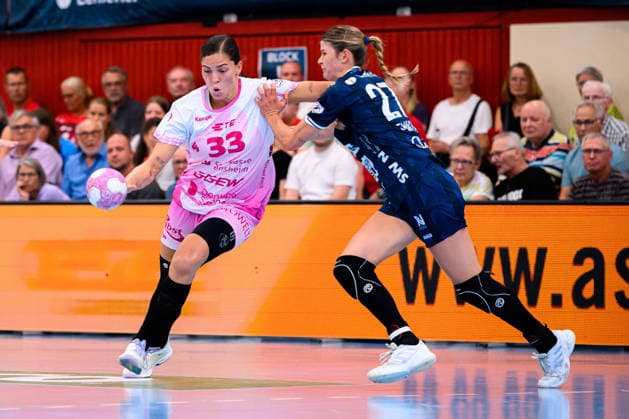 Neckarsulm Central Station, Sportunion Neckarsulm, HSG Bensheim, Auerbach; from left, in a one-on-one matchup: Lucie Marie Kretzschmar (Bensheim) and Sina Ehmann (Neckarsulm); Neckarsulm, Ballei, Baden-Württemberg, Germany