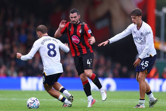 Bournemouth, England, 29th August 2026. Lewis Cook of AFC Bournemouth is challenged by Kiernan Dewsbury-Hall of Everton and Harrison Armstrong of Everton during the AFC Bournemouth vs Everton Premier League match at the Vitality Stadium, Bournemouth. Picture credit should read: Paul Terry Sportimage EDITORIAL USE ONLY. No use with unauthorised audio, video, data, fixture lists, club league logos or live services. Online in-match use limited to 120 images, no video emulation. No use in betting, games or single club league player publications. SPI_056_PT_Bournemouth_Everton SPI-4940-0056