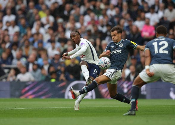 29th August 2026; Tottenham Hotspur Stadium, London, England; Premier League Football, Tottenham Hotspur versus Newcastle United; Mathys Tel of Tottenham Hotspur takes a shot on goal JohnxPatrickxFletcher