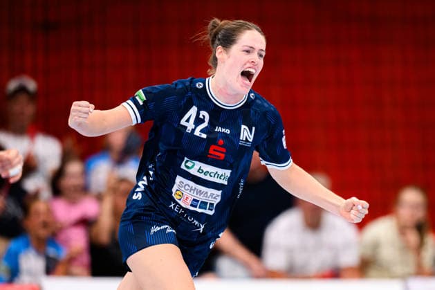 Neckarsulm Central Station, Sportunion Neckarsulm, HSG Bensheim, Auerbach, Amber Verbraeken, Neckarsulm, Celebrations, Joy, Emotion, Goal celebrations, Goal scorers, Goal scorer, Neckarsulm, Ballei, Baden-Württemberg, Germany