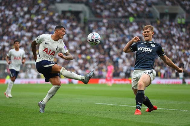 29th August 2026; Tottenham Hotspur Stadium, London, England; Premier League Football, Tottenham Hotspur versus Newcastle United; Pedro Porro of Tottenham Hotspur cross is blocked by Lewis Hall of Newcastle United JohnxPatrickxFletcher