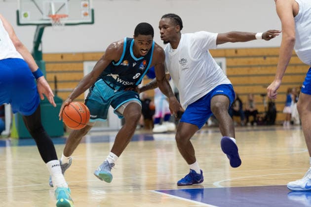 August 29, 2026, xhfmx, Basketball Exhibition Game, Frankfurt Skyliners vs. MLP Academics Heidelberg, William Christmas of the Frankfurt Skyliners goes head-to-head with an opponent in Frankfurt