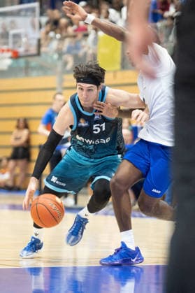 August 29, 2026, xhfmx, Basketball Exhibition Game, Frankfurt Skyliners vs. MLP Academics Heidelberg, Ryan Acridacano, Skyliners Frankfurt in a one-on-one matchup, Frankfurt