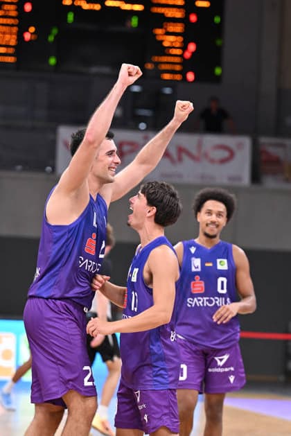 BG Göttingen vs. Löwen Braunschweig Basketball, Men s Exhibition Game, BG Göttingen vs. Löwen Braunschweig, Sparkassen Arena: Omar Pajic (left) and Gaston Nguyen (right), both of BG Göttingen, celebrate; Göttingen, Lower Saxony, Germany