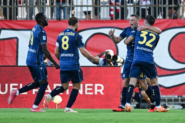Udinese™s Jakub Piotrowski celebrating after a goal during the Serie A soccer match between AC Monza and Udinese Calcio the Brianteo Stadium in Monza, north Italy - August 29, 2026. - Soccer.  Copyright: xTizianoxBellabio LaPressex