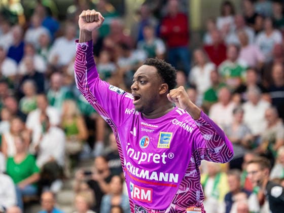 Rubens Pierre of HC Erlangen, 93, celebrates after a save, Frisch Auf Goeppingen vs. HC Erlangen, Handball, 1st Bundesliga, Men, 2026–2027 season, August 29, 2026, Frisch Auf Göppingen vs. HC Erlangen, Handball, 1st Bundesliga, Men, 2026–2027 season, August 29, 2026, Göppingen Copyright: xEibner-Pressefoto MichaelxSchmidx EP_MST