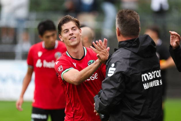 August 29, 2026, Soccer, Men s, Regionalliga Nord, Matchday 6, BSV Kickers Emden vs. Hannover 96 II: Celebration of the 1-1 goal by Tim Antonius and Laurent van den Heuvel, 24, Hannover 96 II