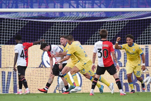Frosinone™s Anthony Bracaglia celebrates after scoring the 0-2 goal for his team during the Serie A soccer match between Fiorentina and Frosinone at the Artemio Franchi Stadium in Florence, north Italy - Saturday, August 29, 2026 -  Copyright: xMassimoxPaolone LaPressex
