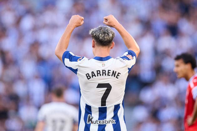 August 29, 2026, San Sebastian, Guipuzcoa, Spain: Ander Barrenetxea of Real Sociedad celebrates after scoring the team s first goal during the LaLiga EA Sports match between Real Sociedad and RCD Espanyol at Anoeta on August 29, 2026, in San Sebastian, Spain. Real Sociedad V RCD Espanyol De Barcelona - La Liga EA Sports  - ZUMAa181 20260829_zaa_a181_102 Copyright: xRicardoxLarreinax