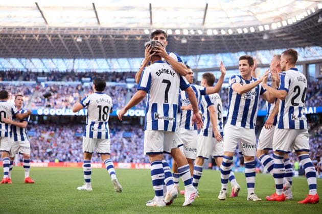 August 29, 2026, San Sebastian, Guipuzcoa, Spain: Ander Barrenetxea of Real Sociedad celebrates after scoring the team s first goal during the LaLiga EA Sports match between Real Sociedad and RCD Espanyol at Anoeta on August 29, 2026, in San Sebastian, Spain. San Sebastian Spain - ZUMAa181 20260829_zaa_a181_108 Copyright: xRicardoxLarreinax