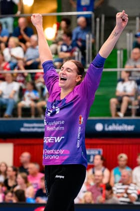 Neckarsulm Central Station, Sportunion Neckarsulm, HSG Bensheim, Auerbach, Goalkeeper Melanie Halter, Bensheim, Celebrations, Joy, Emotion, Neckarsulm, Ballei, Baden-Württemberg, Germany