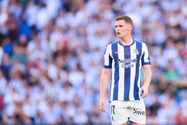 August 29, 2026, San Sebastian, Guipuzcoa, Spain: Sergio Gomez of Real Sociedad looks on during the LaLiga EA Sports match between Real Sociedad and RCD Espanyol at Anoeta on August 29, 2026, in San Sebastian, Spain. San Sebastian Spain - ZUMAa181 20260829_zaa_a181_116 Copyright: xRicardoxLarreinax