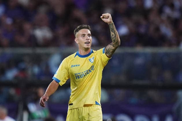 Frosinone™s Raimondo celebrates after scoring the 0-3 goal for his team during the Serie A soccer match between Fiorentina and Frosinone at the Artemio Franchi Stadium in Florence, north Italy - Saturday, August 29, 2026 -  Copyright: xMassimoxPaolone LaPressex