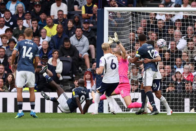 London, England, 29th August 2026. Yoane Wissa of Newcastle United scoring his sides second goal during the Tottenham Hotspur vs Newcastle United Premier League match at the Tottenham Hotspur Stadium, London. Picture credit should read: David Klein Sportimage EDITORIAL USE ONLY. No use with unauthorised audio, video, data, fixture lists, club league logos or live services. Online in-match use limited to 120 images, no video emulation. No use in betting, games or single club league player publications. SPI_040_DK_Spurs_Newcastle SPI-4941-0040