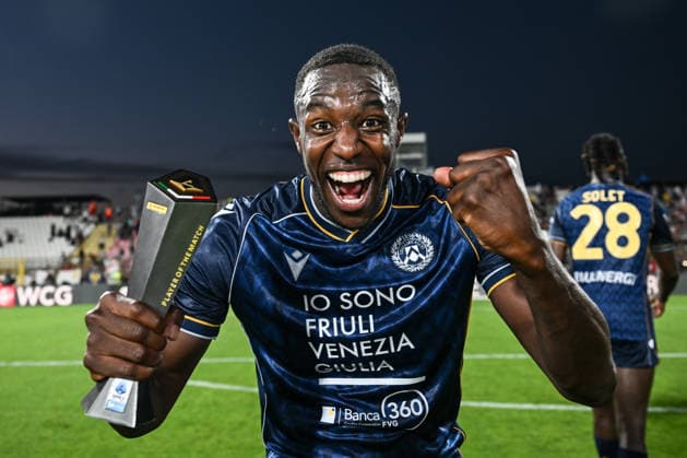 Udinese™s Hassane Kamara celebrating after victory MVP the Serie A soccer match between AC Monza and Udinese Calcio the Brianteo Stadium in Monza, north Italy - August 29, 2026. - Soccer.  Copyright: xTizianoxBallabio LaPressex