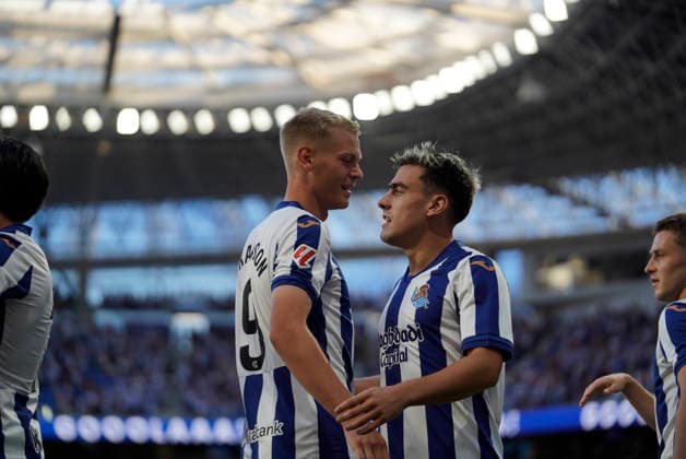 Ander Barrenetxea of Real Sociedad seen in action during the La Liga EA Sports football match between Real Sociedad and RCD Espanyol de Barcelona at Estadio Anoeta on August 29, 2026 in San Sebastian, Spain. (Mickael Ducint Ball Raw Images) San Sebastian Estadio Anoeta Spain Copyright: xMickaelxDucintx mickaelducint_RealSociedad_Espanyol369