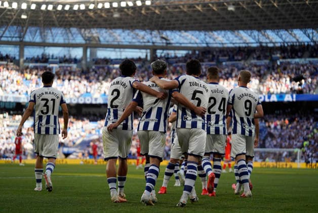 Ander Barrenetxea of Real Sociedad celebrating his goal seen in action during the La Liga EA Sports football match between Real Sociedad and RCD Espanyol de Barcelona at Estadio Anoeta on August 29, 2026 in San Sebastian, Spain. (Mickael Ducint Ball Raw Images) San Sebastian Estadio Anoeta Spain Copyright: xMickaelxDucintx mickaelducint_RealSociedad_Espanyol371