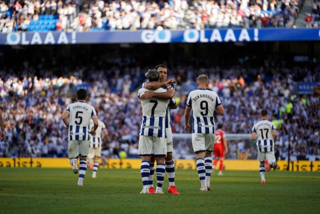 Ander Barrenetxea of Real Sociedad celebrating his goal seen in action during the La Liga EA Sports football match between Real Sociedad and RCD Espanyol de Barcelona at Estadio Anoeta on August 29, 2026 in San Sebastian, Spain. (Mickael Ducint Ball Raw Images) San Sebastian Estadio Anoeta Spain Copyright: xMickaelxDucintx mickaelducint_RealSociedad_Espanyol372
