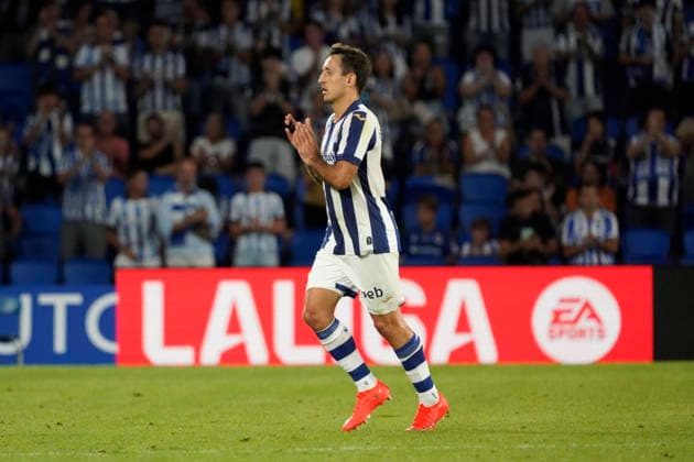 Mikel Oyarzabal of Real Sociedad seen in action during the La Liga EA Sports football match between Real Sociedad and RCD Espanyol de Barcelona at Estadio Anoeta on August 29, 2026 in San Sebastian, Spain. (Mickael Ducint Ball Raw Images) San Sebastian Estadio Anoeta Spain Copyright: xMickaelxDucintx mickaelducint_RealSociedad_Espanyol412