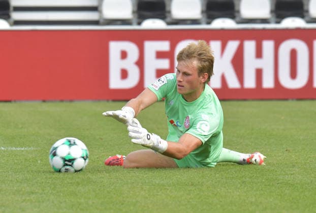 August 29, 2026, Germany, Soccer, 3rd Division, 2026–2027 Season, Matchday 3, Sportclub Arena, Verl SC Verl vs. Fortuna Köln 1–2, Lennart Winkler (Fortuna Köln), Action, Single Frame, Landscape, Goalkeeper, Keeper
