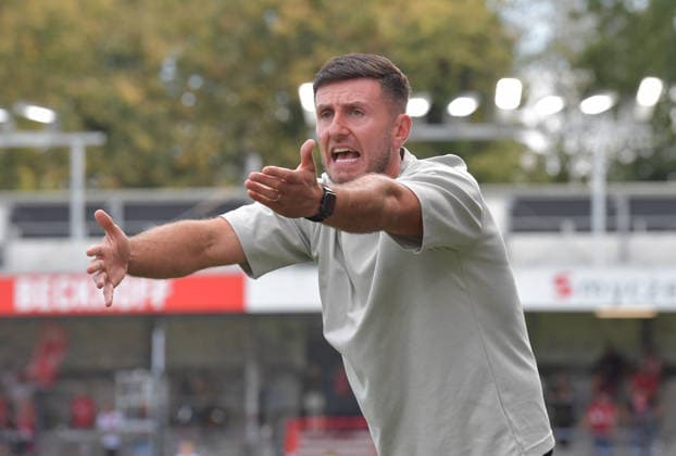 August 29, 2026, Germany, Soccer, 3rd Division, 2026–2027 Season, Matchday 3, Sportclub Arena, Verl SC Verl vs. Fortuna Köln 1–2, Orest Shala (SC Verl Coach), Action, Single Frame, Landscape, Facial Expressions, Gestures, Coach, Trainer