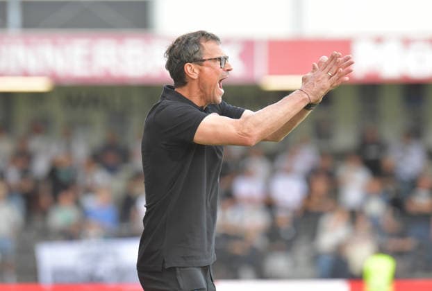 August 29, 2026, GER, Soccer, 3rd Division, 2026–2027 Season, Matchday 3, Sportclub Arena, Verl SC Verl vs. Fortuna Köln 1–2, Matthias Mink, Fortuna Köln Coach, Action, Single Frame, Horizontal, Facial Expressions, Gestures, Coach
