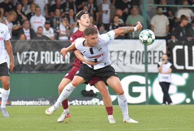 August 29, 2026, GER, Soccer, 3rd Division, 2026–2027 Season, Matchday 3, Sportclub Arena, Verl SC Verl vs. Fortuna Köln 3–2; Tim Heike (SC Verl, right) vs. Bennit Bröger (Fortuna Köln), action, duel, tackle
