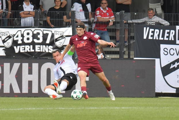 August 29, 2026, GER, Soccer, 3rd Division, 2026–2027 Season, Matchday 3, Sportclub Arena, Verl SC Verl vs. Fortuna Köln 1–2, Niko Kijewski (SC Verl, left) vs. Bennit Bröger (Fortuna Köln), action, duel, tackle