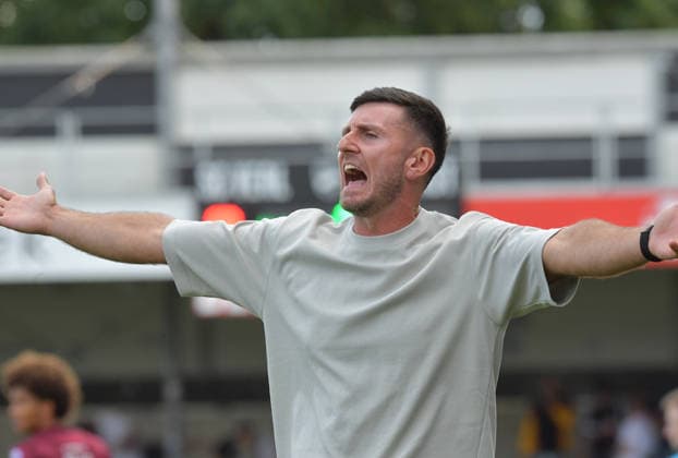 August 29, 2026, GER, Soccer, 3rd Division, 2026–2027 Season, Matchday 3, Sportclub Arena, Verl SC Verl vs. Fortuna Köln 1–2, Orest Shala (SC Verl coach), action, single frame, landscape orientation, facial expressions, gestures, coach