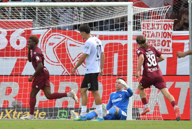 August 29, 2026, GER, Soccer, 3rd Division, 2026–2027 Season, Matchday 3, Sportclub Arena, Verl SC Verl vs. Fortuna Köln 1–2 Goal Celebration: Fortuna Köln celebrates goal scorer Romeo Aigbekaen (Fortuna Köln, left), Action, Still Frame, Horizontal, Facial Expressions, Gestures, Celebration, Cheering, Joy, Happiness