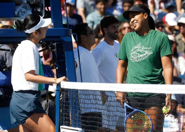 Alexandra Eala of the Philippines practices on The Grandstand Court with Naomi Osaka of Japan at the 2026 US Open Tennis Championship at the USTA Billie Jean King National Tennis Center in New York City on Saturday, August 29, 2026.  NYP20260829103 JOHNxANGELILLO