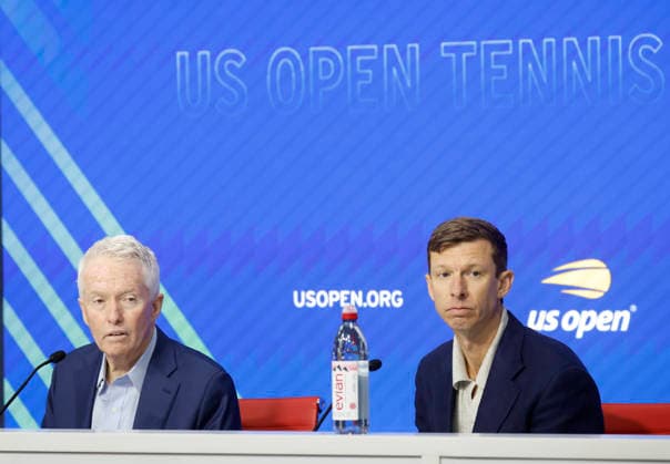 US Open Tournament Director Eric Butorac and USTA CEO Craig Tiley speak at a press conference, PK, Pressekonferenz at the 2026 US Open Tennis Championship at the USTA Billie Jean King National Tennis Center in New York City on Saturday, August 29, 2026.  NYP20260829109 JOHNxANGELILLO