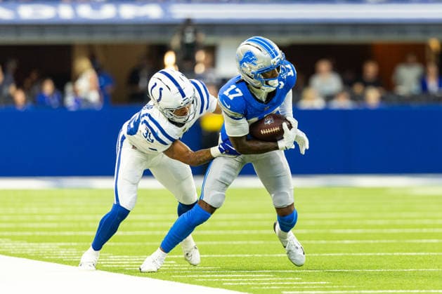 Aug 29, 2026; Indianapolis, Indiana, USA; Detroit Lions safety Dan Jackson (17) runs with the ball as Indianapolis Colts defensive back Rob Carter Jr. (39) looks to make the tackle during NFL, American Football Herren, USA preseason game action between the Indianapolis Colts and the Detroit Lions at Lucas Oil Stadium. Mandatory Credit: -Cal Media Indianapolis USA - ZUMAc04_ 20260829_zma_c04_003 Copyright: xJohnxMersitsx