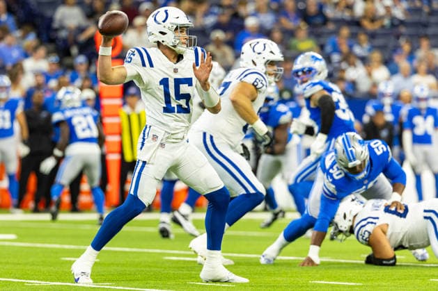 Aug 29, 2026; Indianapolis, Indiana, USA; Indianapolis Colts quarterback Riley Leonard (15) passes the ball during NFL, American Football Herren, USA preseason game action between the Indianapolis Colts and the Detroit Lions at Lucas Oil Stadium. Mandatory Credit: -Cal Media Indianapolis USA - ZUMAc04_ 20260829_zma_c04_005 Copyright: xJohnxMersitsx