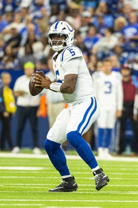 Aug 29, 2026; Indianapolis, Indiana, USA; Indianapolis Colts quarterback Anthony Richardson (5) passes the ball during NFL, American Football Herren, USA preseason game action against the Detroit Lions at Lucas Oil Stadium. Mandatory Credit: -Cal Media NFL 2026: Lions Vs Colts AUG 29  - ZUMAc04_ 20260829_zma_c04_002 Copyright: xJohnxMersitsx